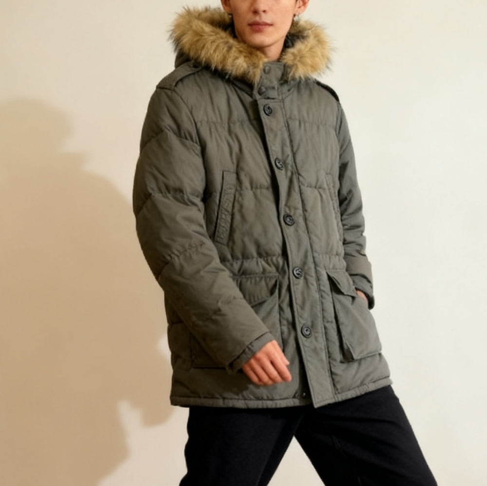 Tommy Hilfiger Size XL Olive Green Jacket with Faux Fur Hood - Warm & Stylish
